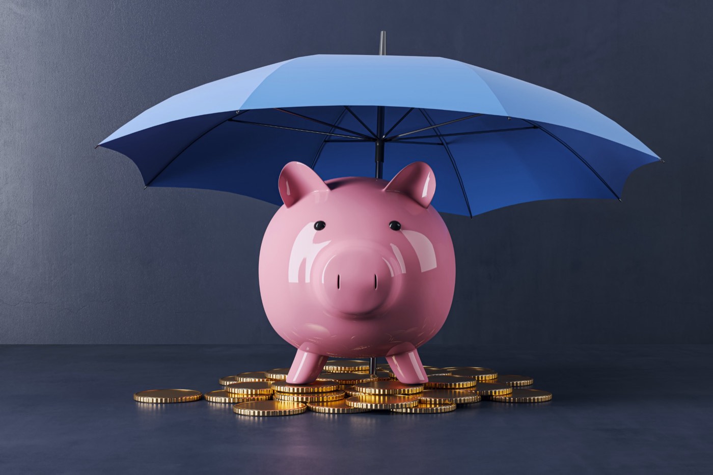 A pink piggy bank on a pile of gold coins, sheltered under a blue umbrella