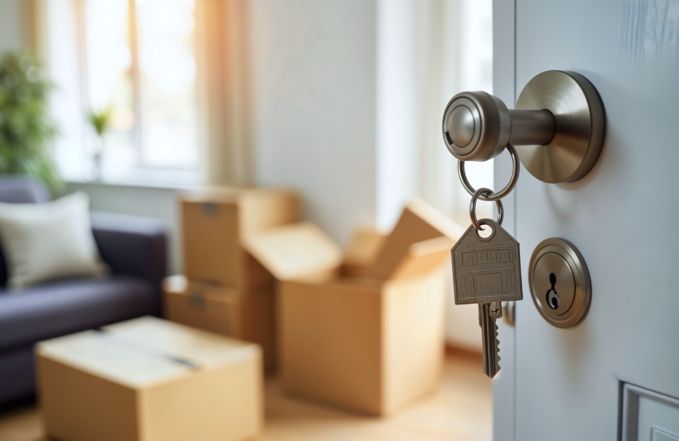House keys hanging from the door of a new home, with moving boxes inside