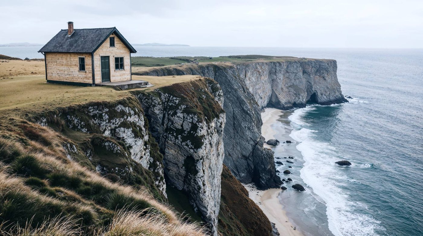 A small wooden cottage perched on the edge of a sea cliff